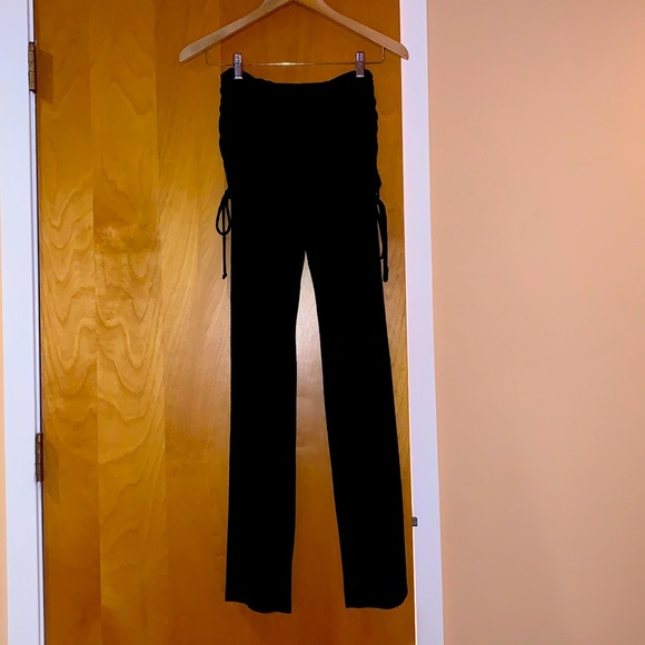 Black Ruched Fold-Over Wide Leg Yoga Pants. - Picture 1 of 3